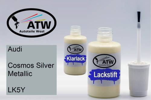 Audi, Cosmos Silver Metallic, LK5Y: 20ml Lackstift + 20ml Klarlack - Set, von ATW Autoteile West.